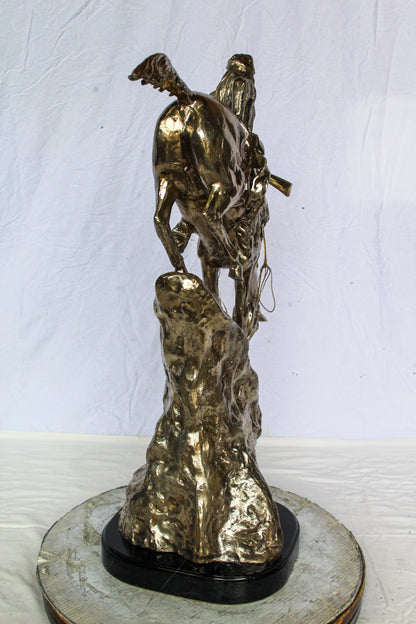 Nifao Jumbo Bronze Mountain Man on Horseback Remington Replica - Silver Patina Western Statue with Black Marble Base, Size: 24"L x 14"W x 36"H
