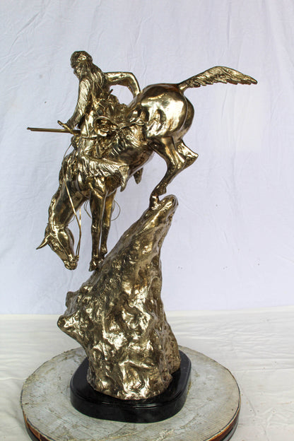 Nifao Jumbo Bronze Mountain Man on Horseback Remington Replica - Silver Patina Western Statue with Black Marble Base, Size: 24"L x 14"W x 36"H