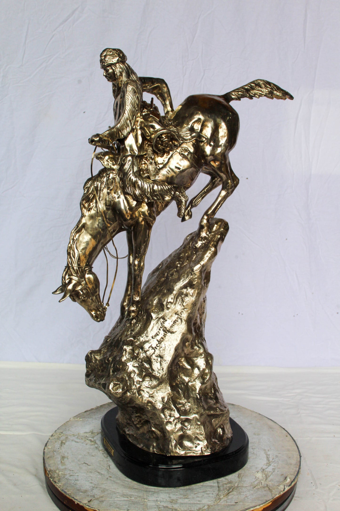 Nifao Jumbo Bronze Mountain Man on Horseback Remington Replica - Silver Patina Western Statue with Black Marble Base, Size: 24"L x 14"W x 36"H