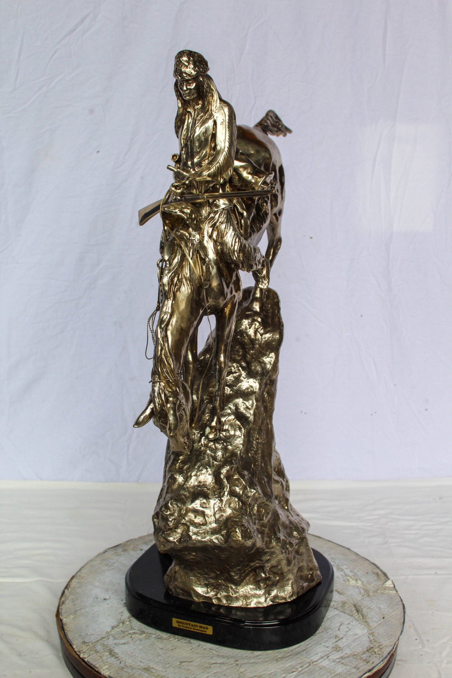 Nifao Jumbo Bronze Mountain Man on Horseback Remington Replica - Silver Patina Western Statue with Black Marble Base, Size: 24"L x 14"W x 36"H