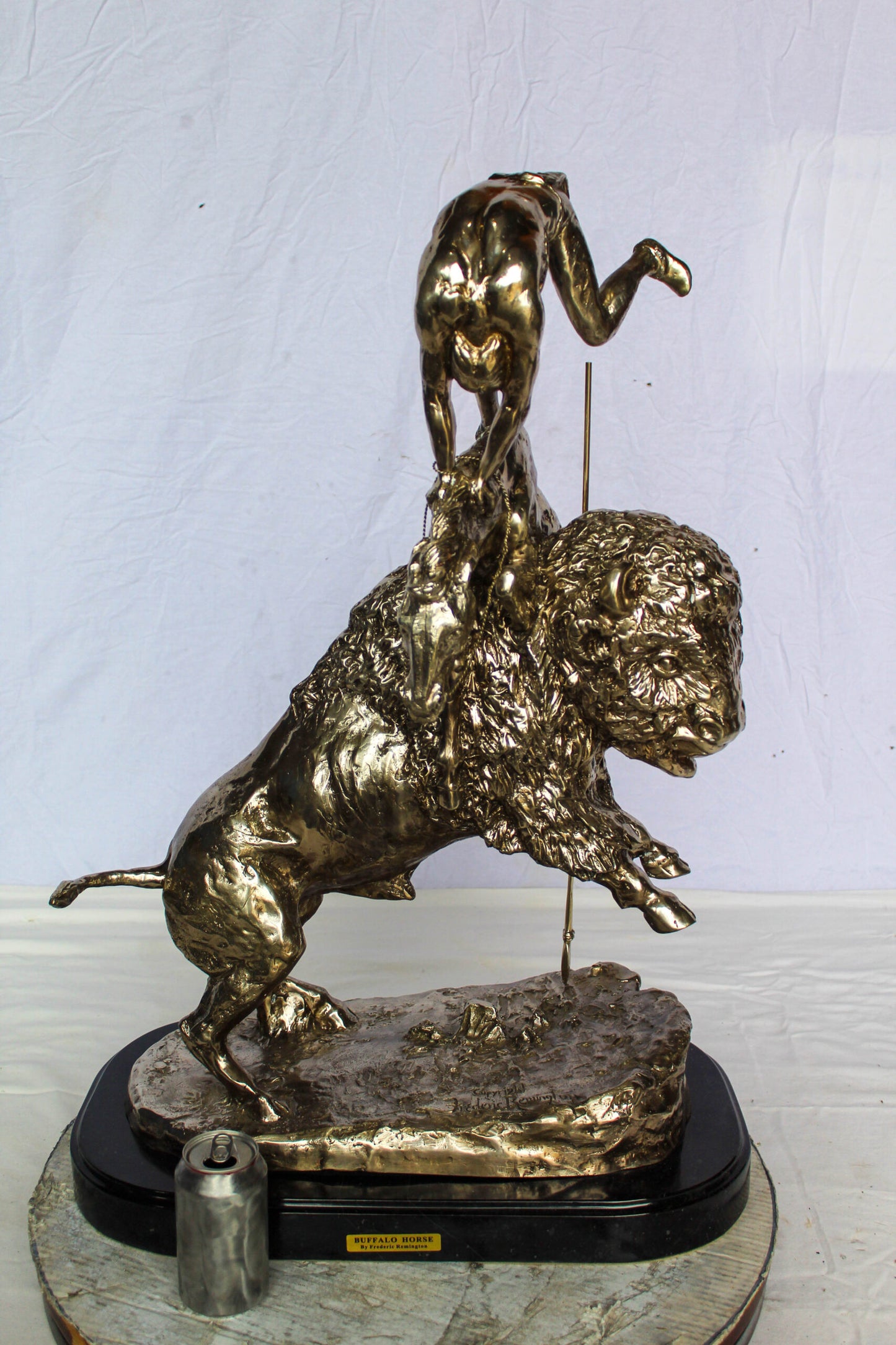 Nifao Jumbo Bronze Buffalo Horse Statue – Replica of Frederic Remington’s Iconic Sculpture – Native Rider with Charging Buffalo – Silver Patina Finish – Handcrafted Lost Wax Casting 22" x 12" x 32"H
