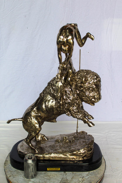 Nifao Jumbo Bronze Buffalo Horse Statue – Replica of Frederic Remington’s Iconic Sculpture – Native Rider with Charging Buffalo – Silver Patina Finish – Handcrafted Lost Wax Casting 22" x 12" x 32"H