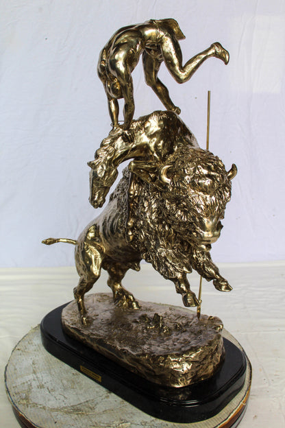 Nifao Jumbo Bronze Buffalo Horse Statue – Replica of Frederic Remington’s Iconic Sculpture – Native Rider with Charging Buffalo – Silver Patina Finish – Handcrafted Lost Wax Casting 22" x 12" x 32"H