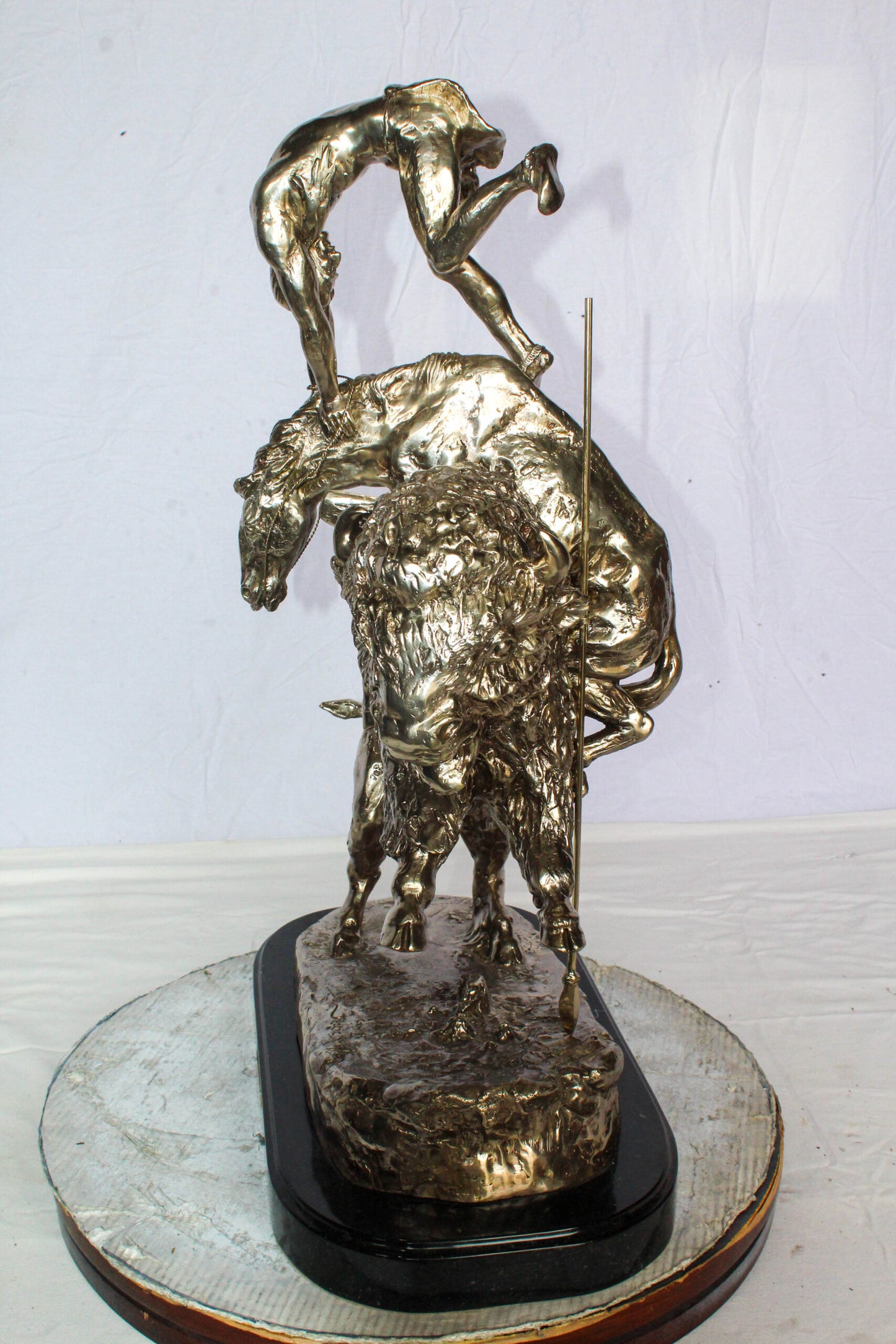 Nifao Jumbo Bronze Buffalo Horse Statue – Replica of Frederic Remington’s Iconic Sculpture – Native Rider with Charging Buffalo – Silver Patina Finish – Handcrafted Lost Wax Casting 22" x 12" x 32"H