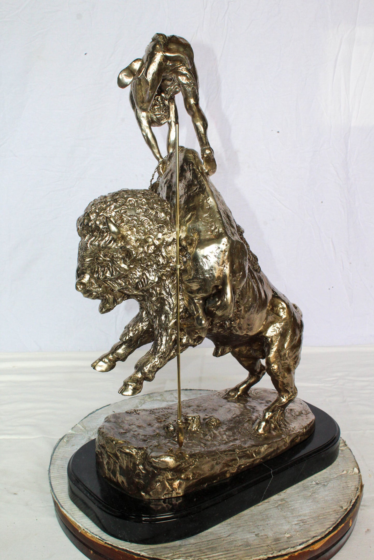 Nifao Jumbo Bronze Buffalo Horse Statue – Replica of Frederic Remington’s Iconic Sculpture – Native Rider with Charging Buffalo – Silver Patina Finish – Handcrafted Lost Wax Casting 22" x 12" x 32"H