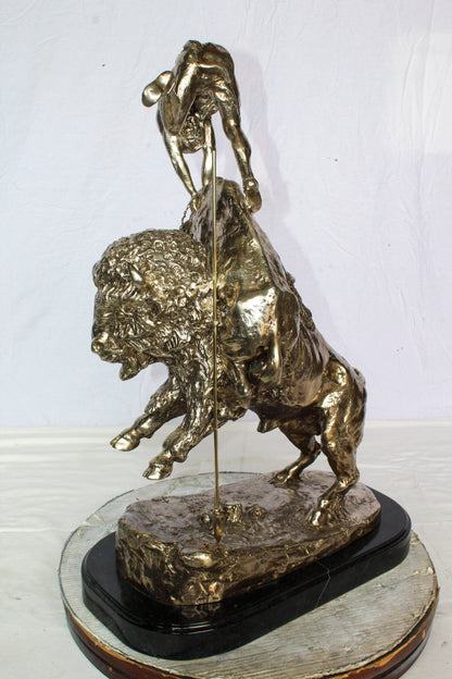 Nifao Jumbo Bronze Buffalo Horse Statue – Replica of Frederic Remington’s Iconic Sculpture – Native Rider with Charging Buffalo – Silver Patina Finish – Handcrafted Lost Wax Casting 22" x 12" x 32"H