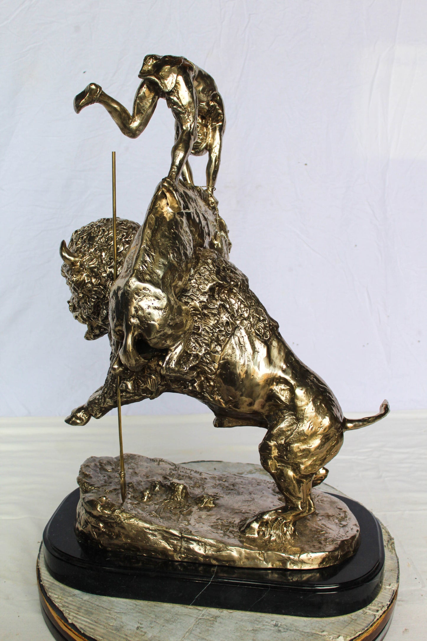 Nifao Jumbo Bronze Buffalo Horse Statue – Replica of Frederic Remington’s Iconic Sculpture – Native Rider with Charging Buffalo – Silver Patina Finish – Handcrafted Lost Wax Casting 22" x 12" x 32"H