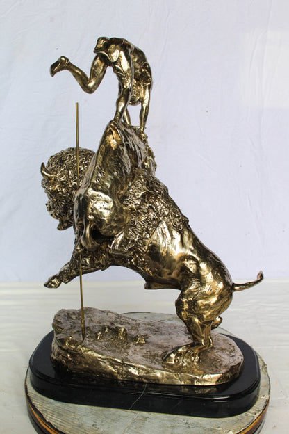 Nifao Jumbo Bronze Buffalo Horse Statue – Replica of Frederic Remington’s Iconic Sculpture – Native Rider with Charging Buffalo – Silver Patina Finish – Handcrafted Lost Wax Casting 22" x 12" x 32"H