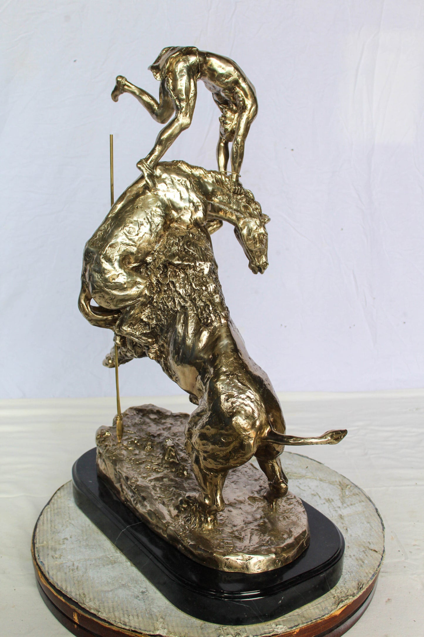Nifao Jumbo Bronze Buffalo Horse Statue – Replica of Frederic Remington’s Iconic Sculpture – Native Rider with Charging Buffalo – Silver Patina Finish – Handcrafted Lost Wax Casting 22" x 12" x 32"H