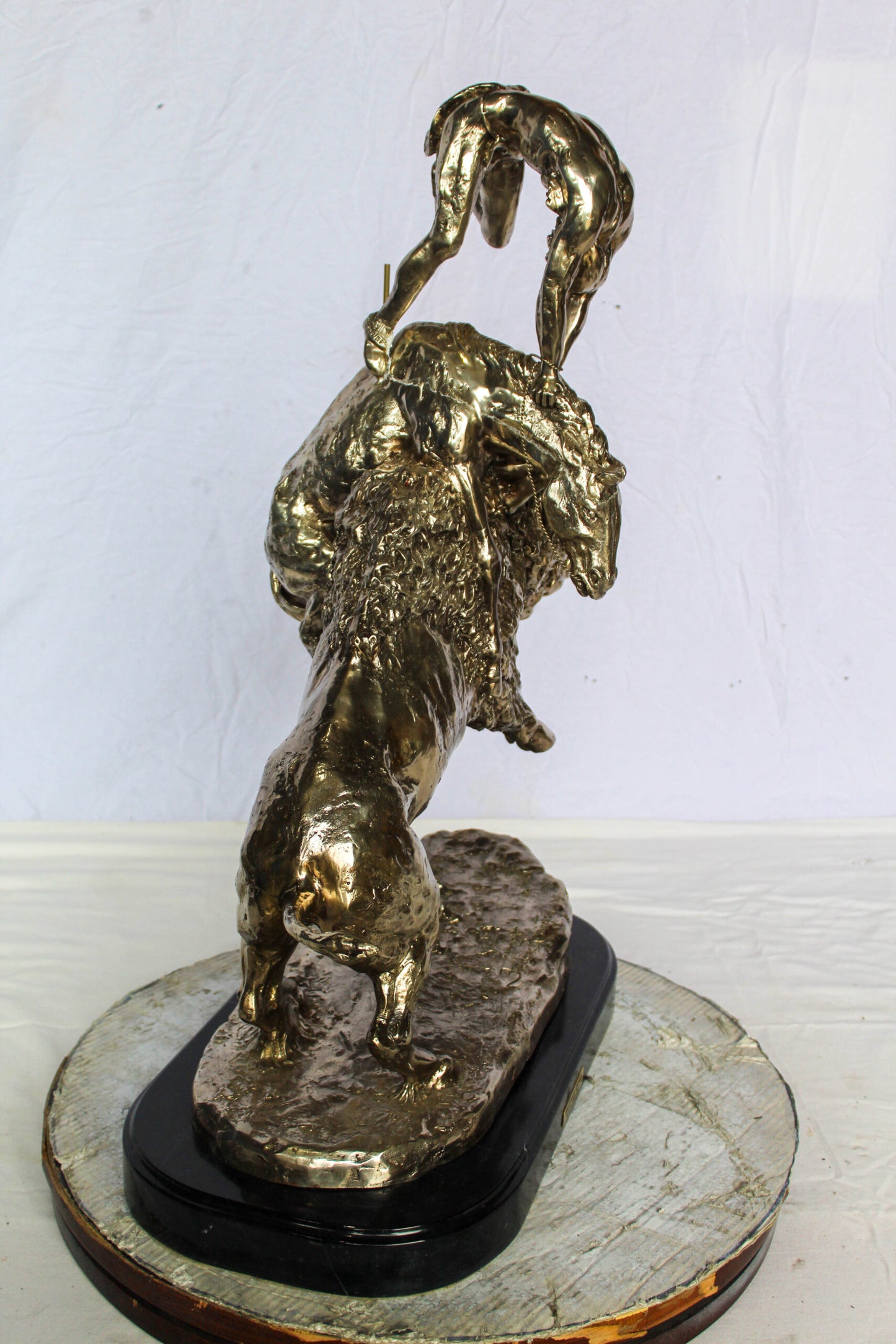 Nifao Jumbo Bronze Buffalo Horse Statue – Replica of Frederic Remington’s Iconic Sculpture – Native Rider with Charging Buffalo – Silver Patina Finish – Handcrafted Lost Wax Casting 22" x 12" x 32"H