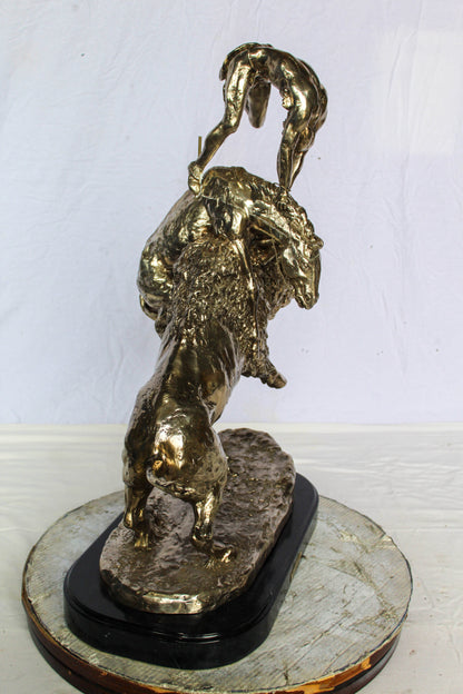 Nifao Jumbo Bronze Buffalo Horse Statue – Replica of Frederic Remington’s Iconic Sculpture – Native Rider with Charging Buffalo – Silver Patina Finish – Handcrafted Lost Wax Casting 22" x 12" x 32"H