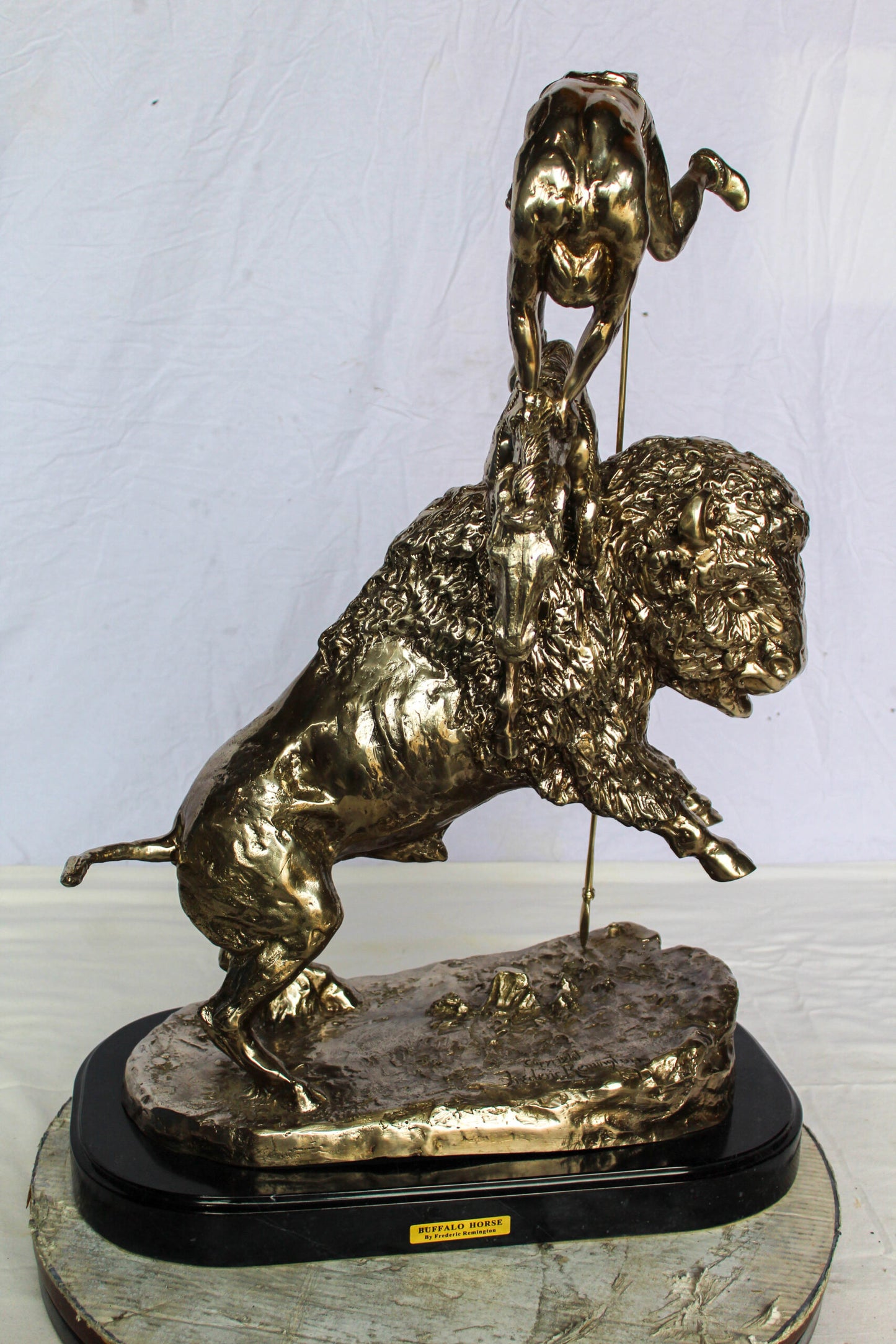 Nifao Jumbo Bronze Buffalo Horse Statue – Replica of Frederic Remington’s Iconic Sculpture – Native Rider with Charging Buffalo – Silver Patina Finish – Handcrafted Lost Wax Casting 22" x 12" x 32"H