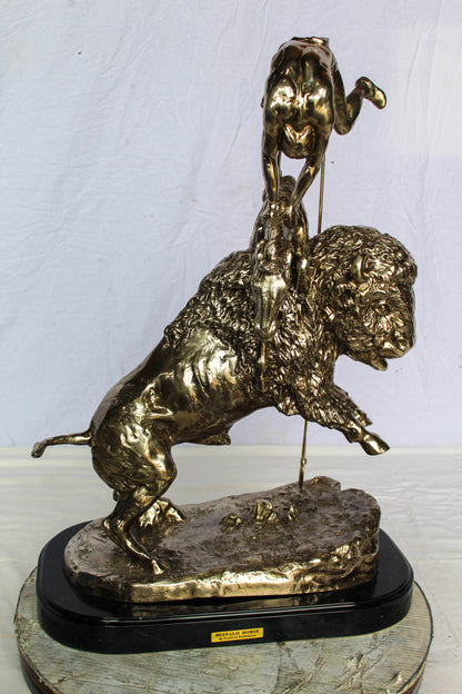 Nifao Jumbo Bronze Buffalo Horse Statue – Replica of Frederic Remington’s Iconic Sculpture – Native Rider with Charging Buffalo – Silver Patina Finish – Handcrafted Lost Wax Casting 22" x 12" x 32"H