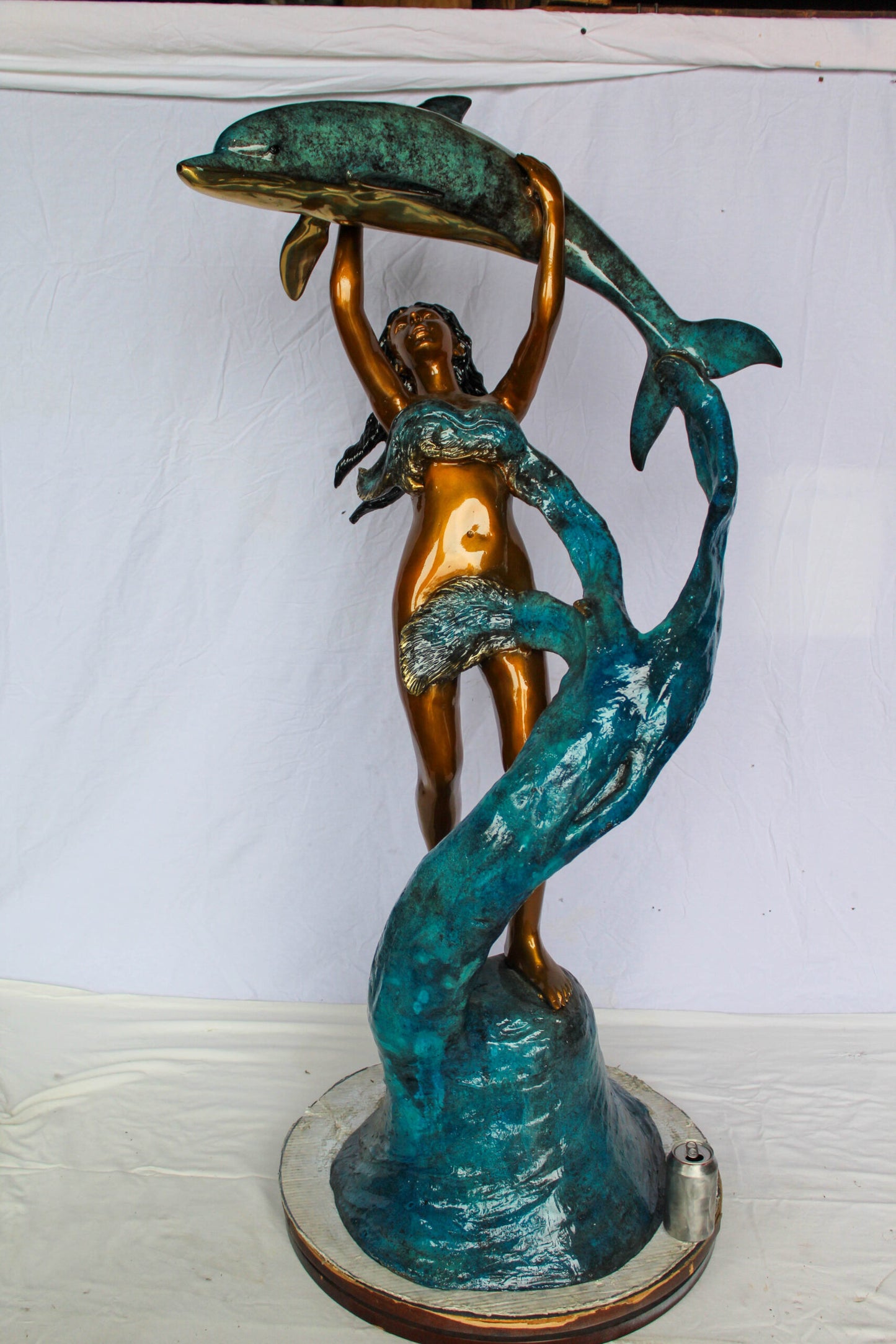 Bronze Mermaid And Dolphin Fountain Statue Lost Wax Sculpture 25" x 24" x 57"H
