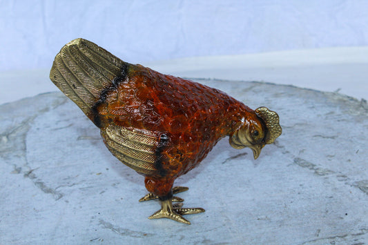 Bronze Small Figurine Chicken with Red Enamel and Gold Finish 8" x 4" x 7"H