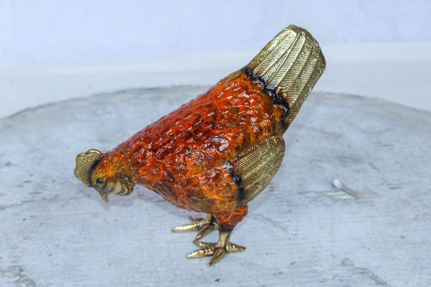 Bronze Small Figurine Chicken with Red Enamel and Gold Finish 8" x 4" x 7"H
