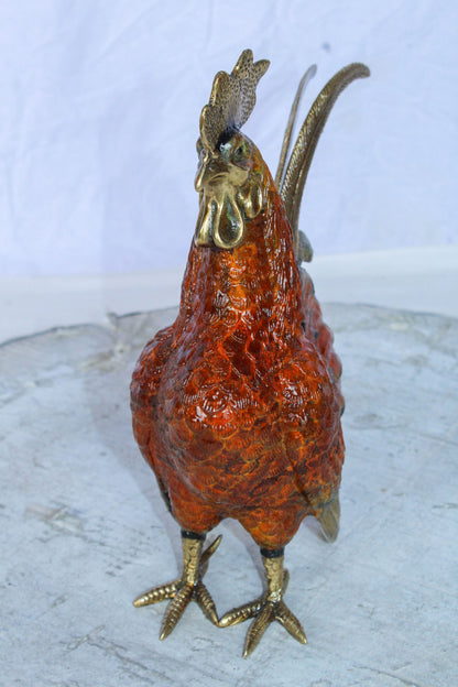 Decorative Bronze Rooster Statue with Red Enamel Finish 9" x 5" x 12"H