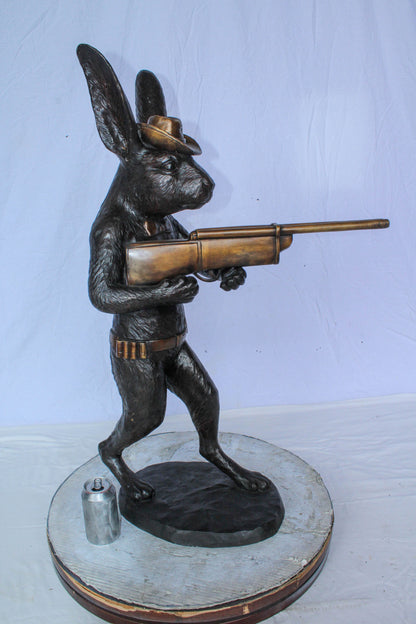 Bronze Statue of Cowboy Rabbit Holding Rifle 22" x 13" x 35"H