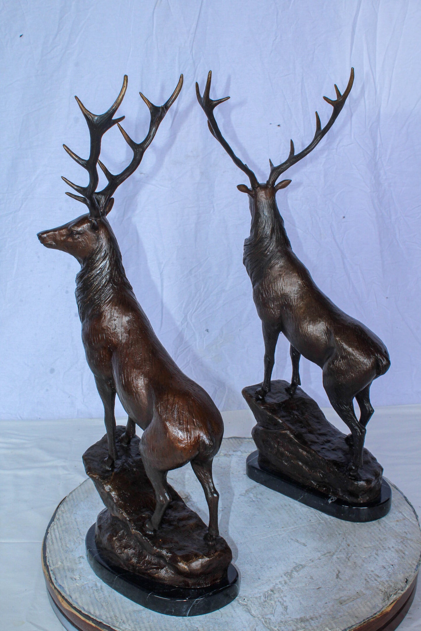 Pair of Bronze Deer Stag Statues Standing on Rock Base 14" x 10" x 28"H