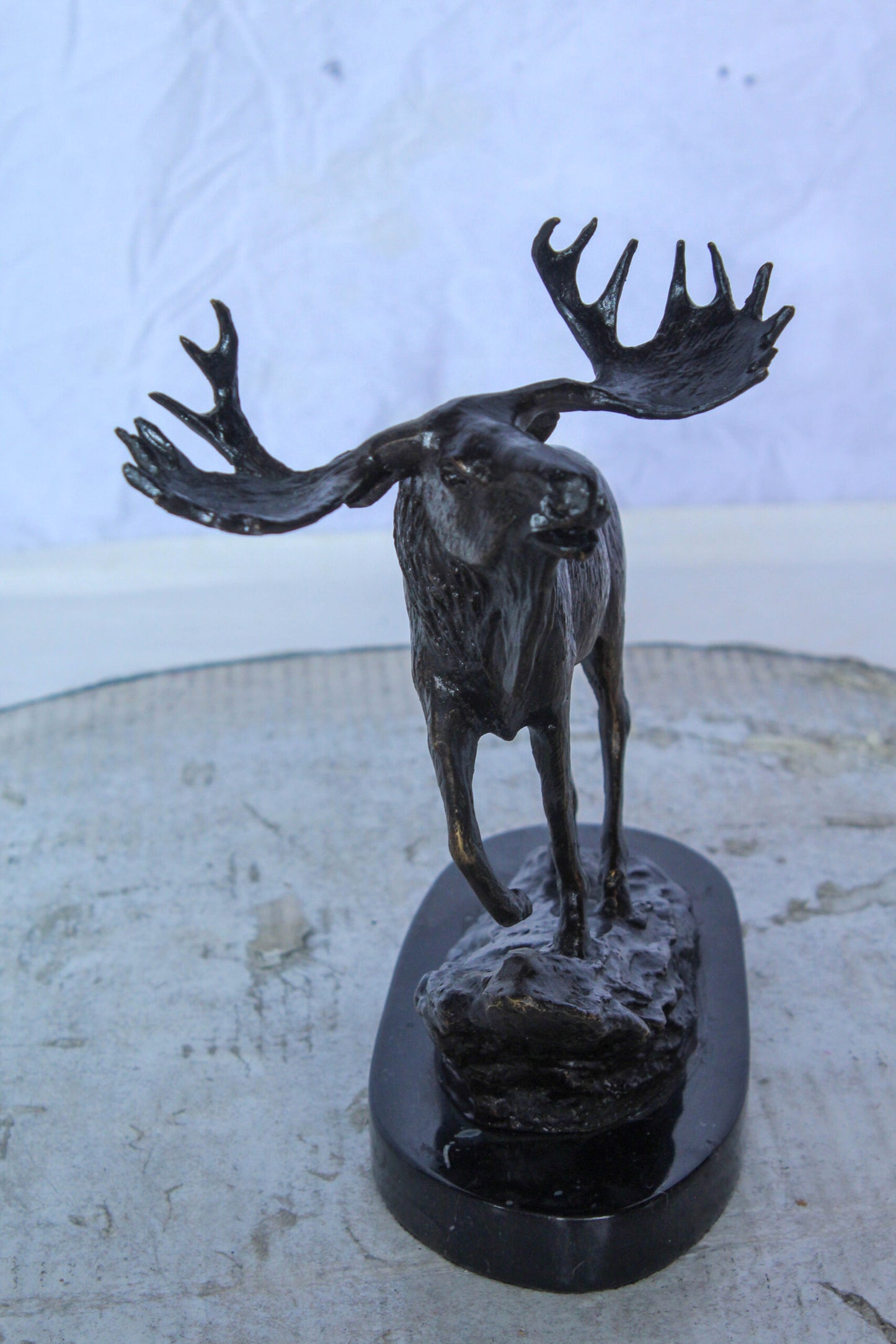 Bronze Moose Statue on Marble Base with Antlers Raised 10" x 6" x 9"H