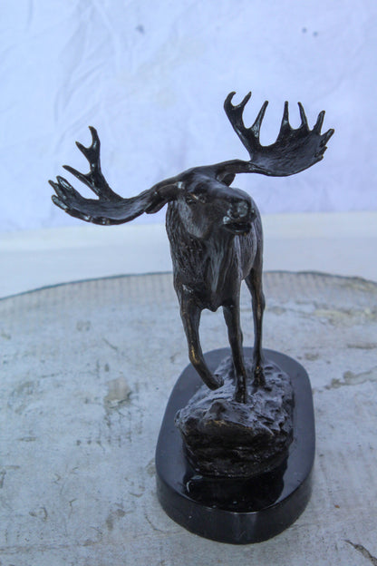 Bronze Moose Statue on Marble Base with Antlers Raised 10" x 6" x 9"H