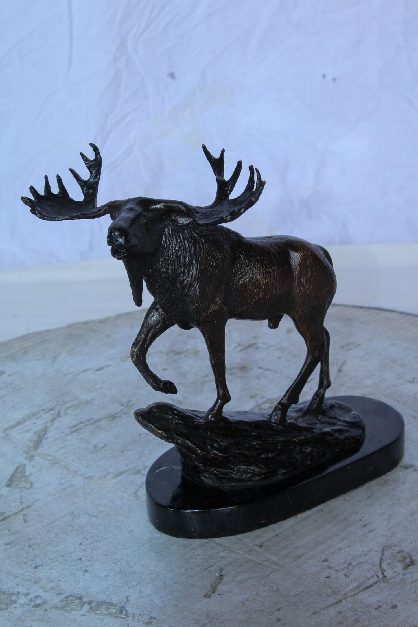 Bronze Moose Statue on Marble Base with Antlers Raised 10" x 6" x 9"H