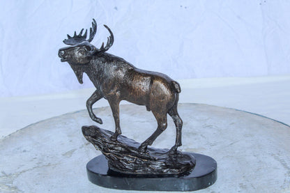 Bronze Moose Statue on Marble Base with Antlers Raised 10" x 6" x 9"H