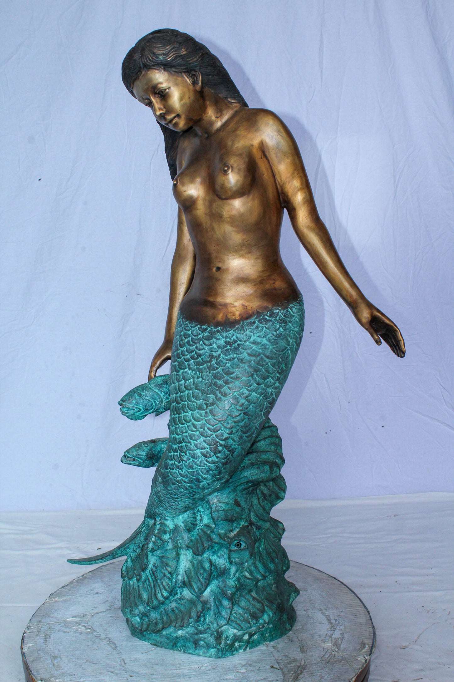 Nude Art Bronze Mermaid Fountain with Fish and Patina Finish 23" x 14" x 39"H