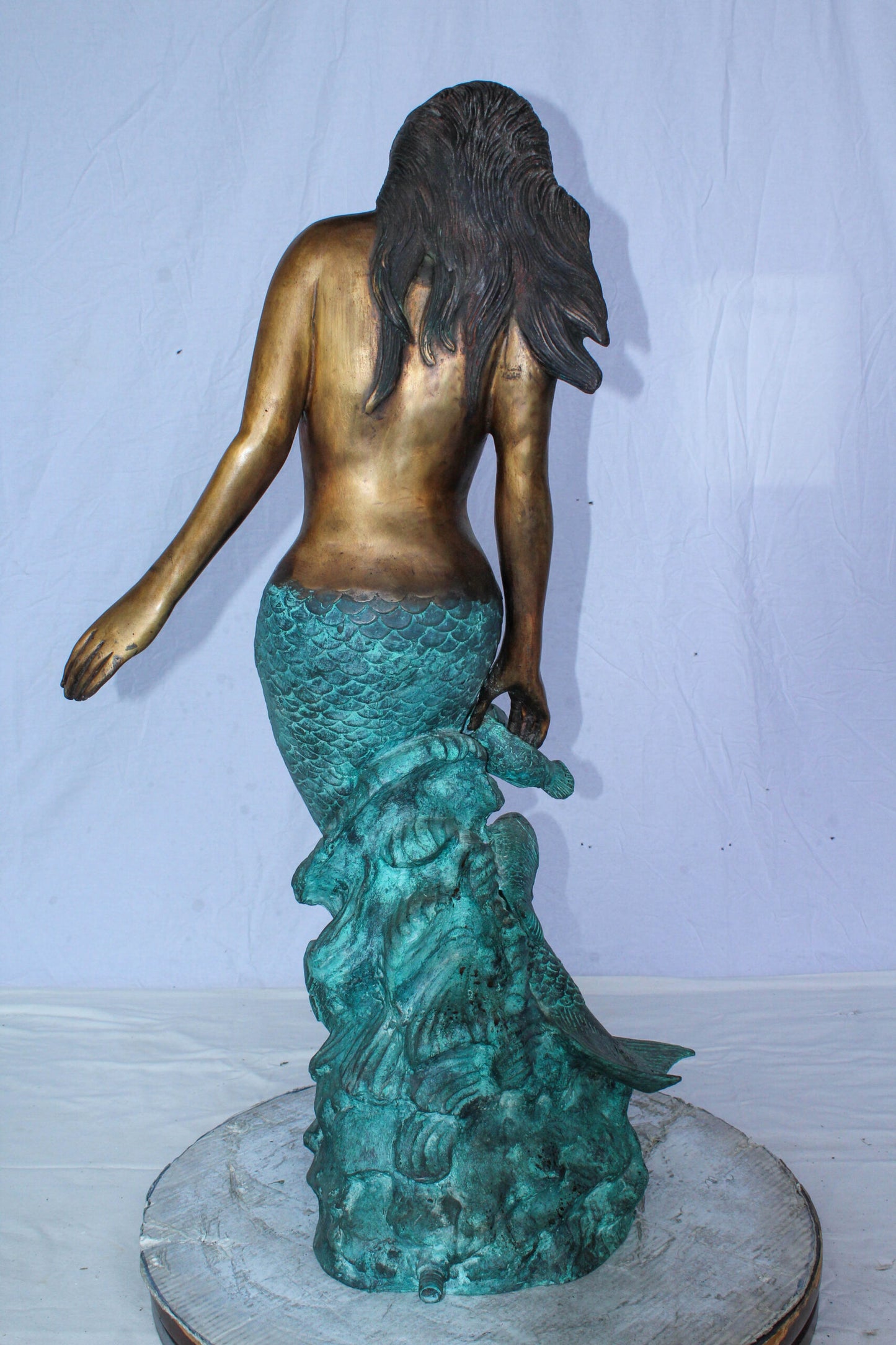 Nude Art Bronze Mermaid Fountain with Fish and Patina Finish 23" x 14" x 39"H