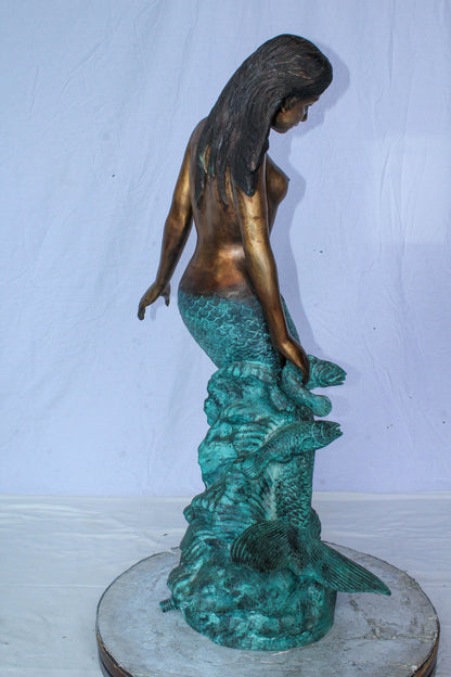 Nude Art Bronze Mermaid Fountain with Fish and Patina Finish 23" x 14" x 39"H
