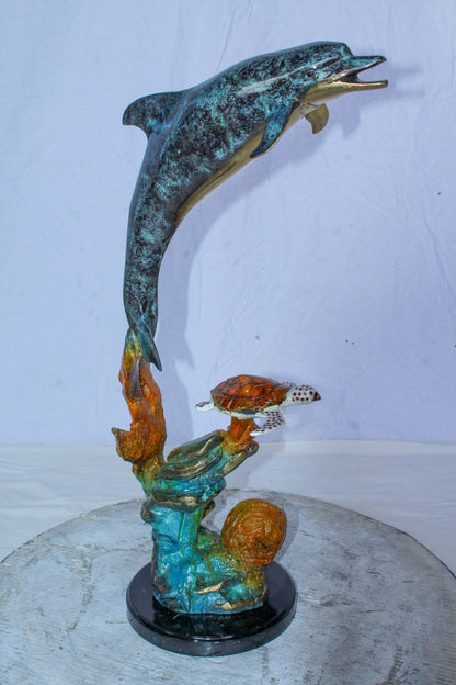 Bronze Dolphin and Turtle Statue Ocean Reef Art Décor 8" x 13" x 25"H