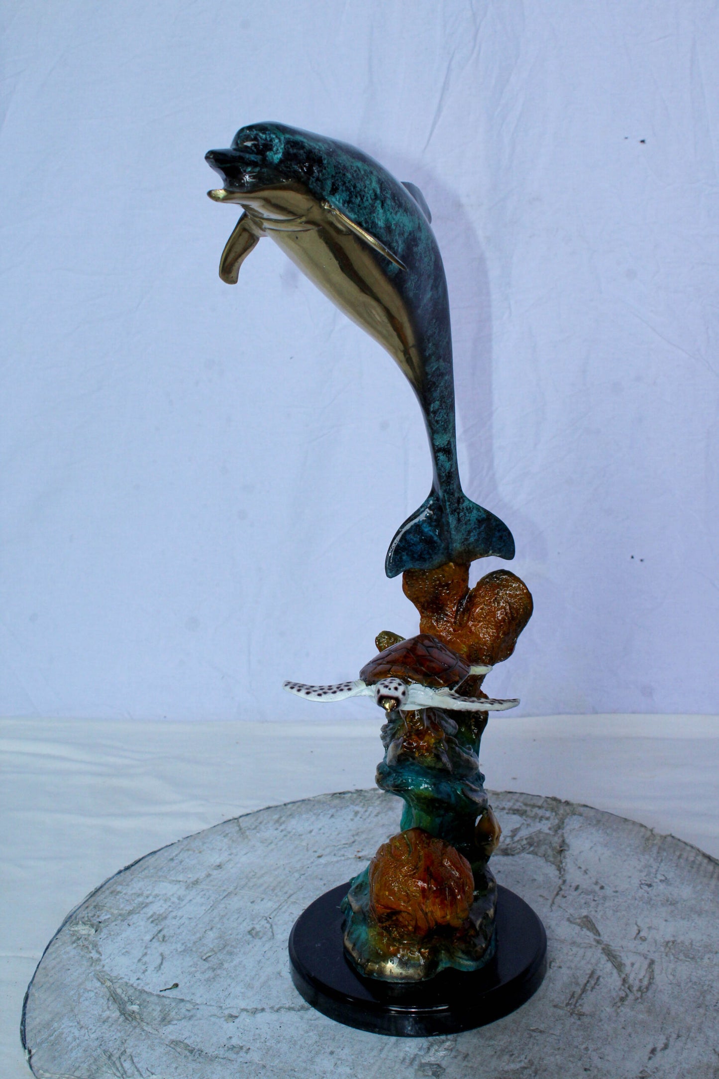 Bronze Dolphin and Turtle Statue Ocean Reef Art Décor 8" x 13" x 25"H