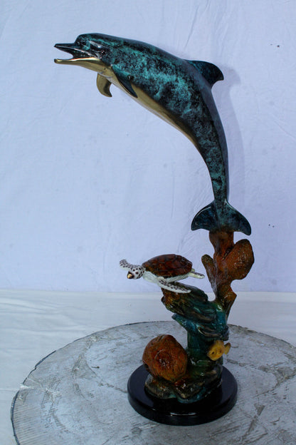Bronze Dolphin and Turtle Statue Ocean Reef Art Décor 8" x 13" x 25"H