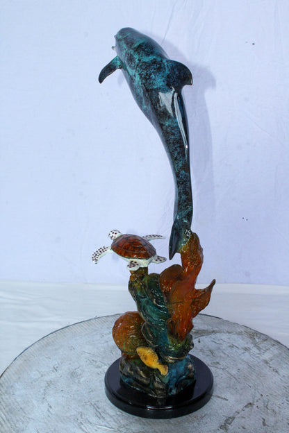 Bronze Dolphin and Turtle Statue Ocean Reef Art Décor 8" x 13" x 25"H