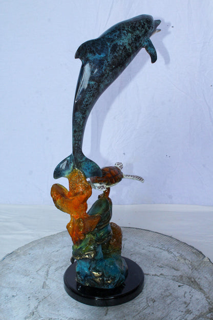 Bronze Dolphin and Turtle Statue Ocean Reef Art Décor 8" x 13" x 25"H
