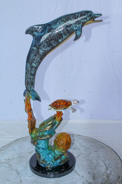 Bronze Dolphin and Turtle Statue Ocean Reef Art Décor 8" x 13" x 25"H