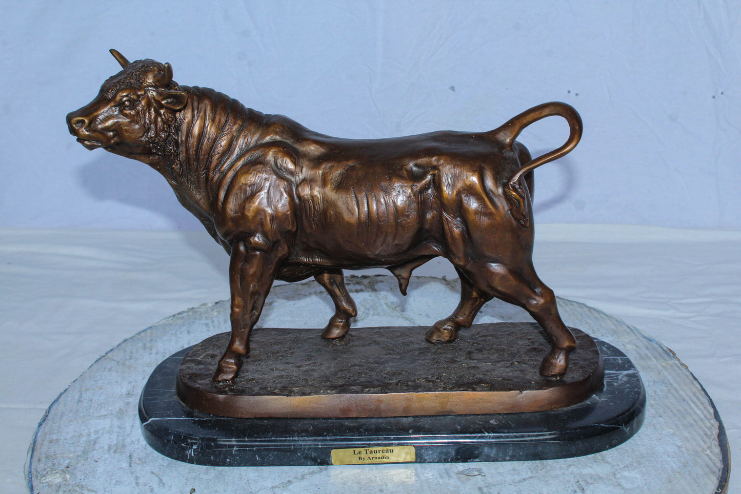 Bronze Bull Statue Le Taureau by Arnadia on Marble Base 19" x 8" x 13"H