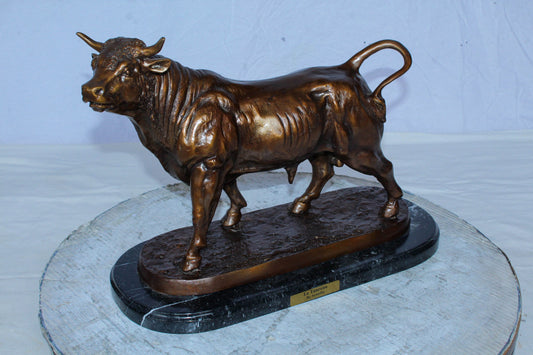 Bronze Bull Statue Le Taureau by Arnadia on Marble Base 19" x 8" x 13"H