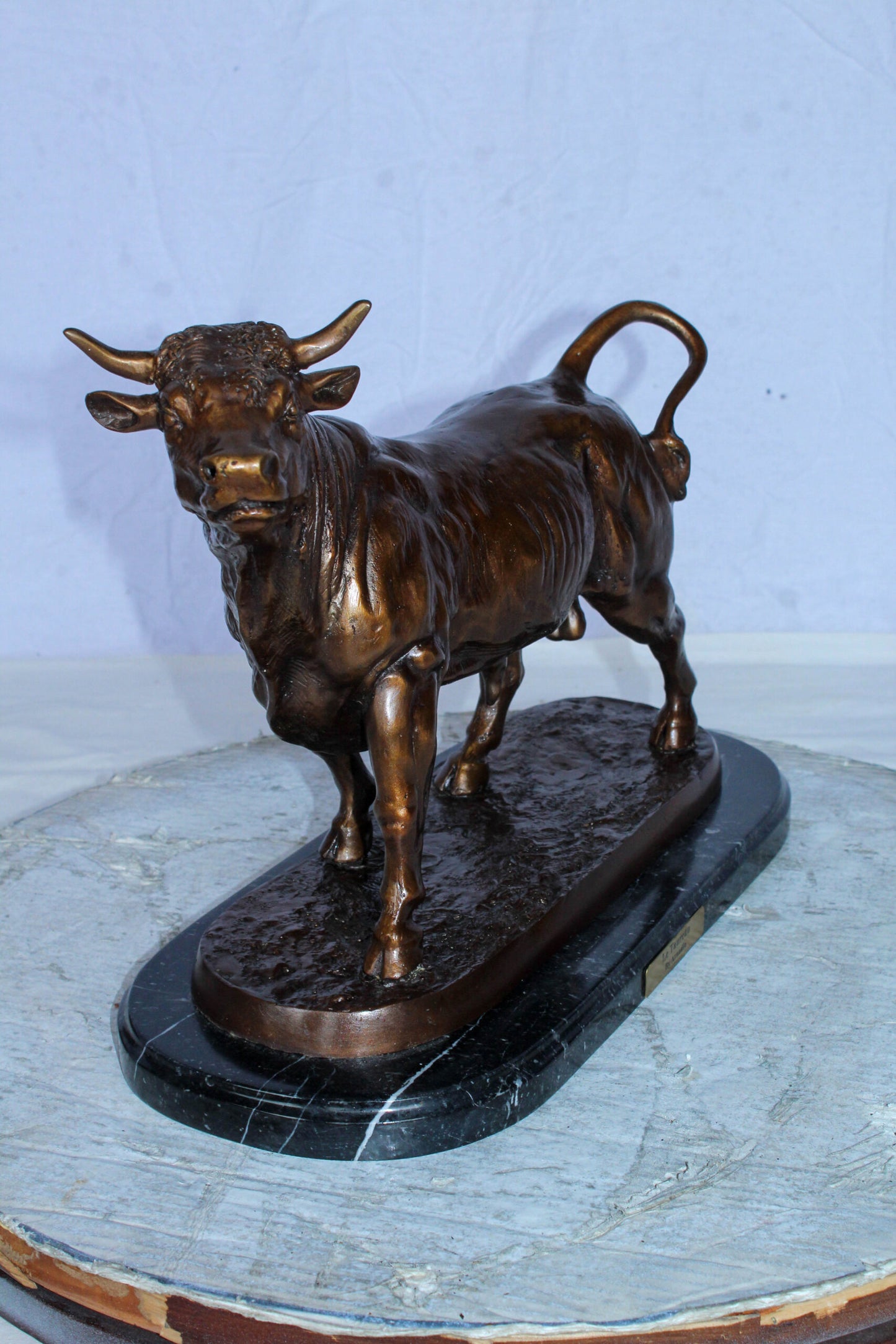 Bronze Bull Statue Le Taureau by Arnadia on Marble Base 19" x 8" x 13"H