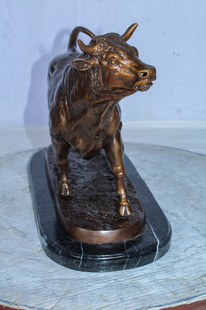 Bronze Bull Statue Le Taureau by Arnadia on Marble Base 19" x 8" x 13"H