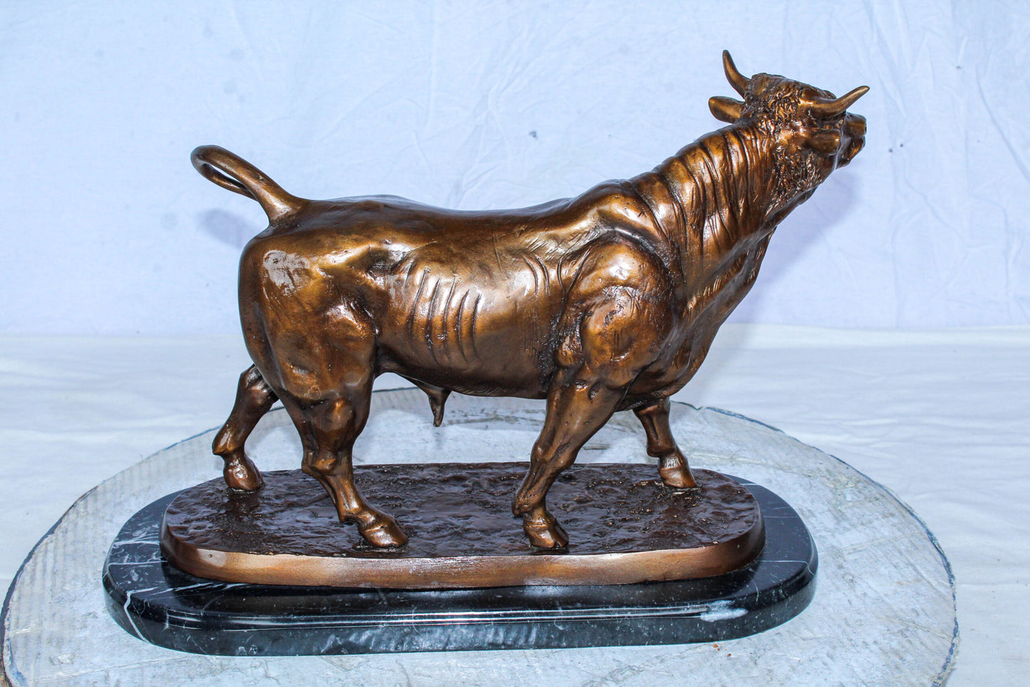Bronze Bull Statue Le Taureau by Arnadia on Marble Base 19" x 8" x 13"H