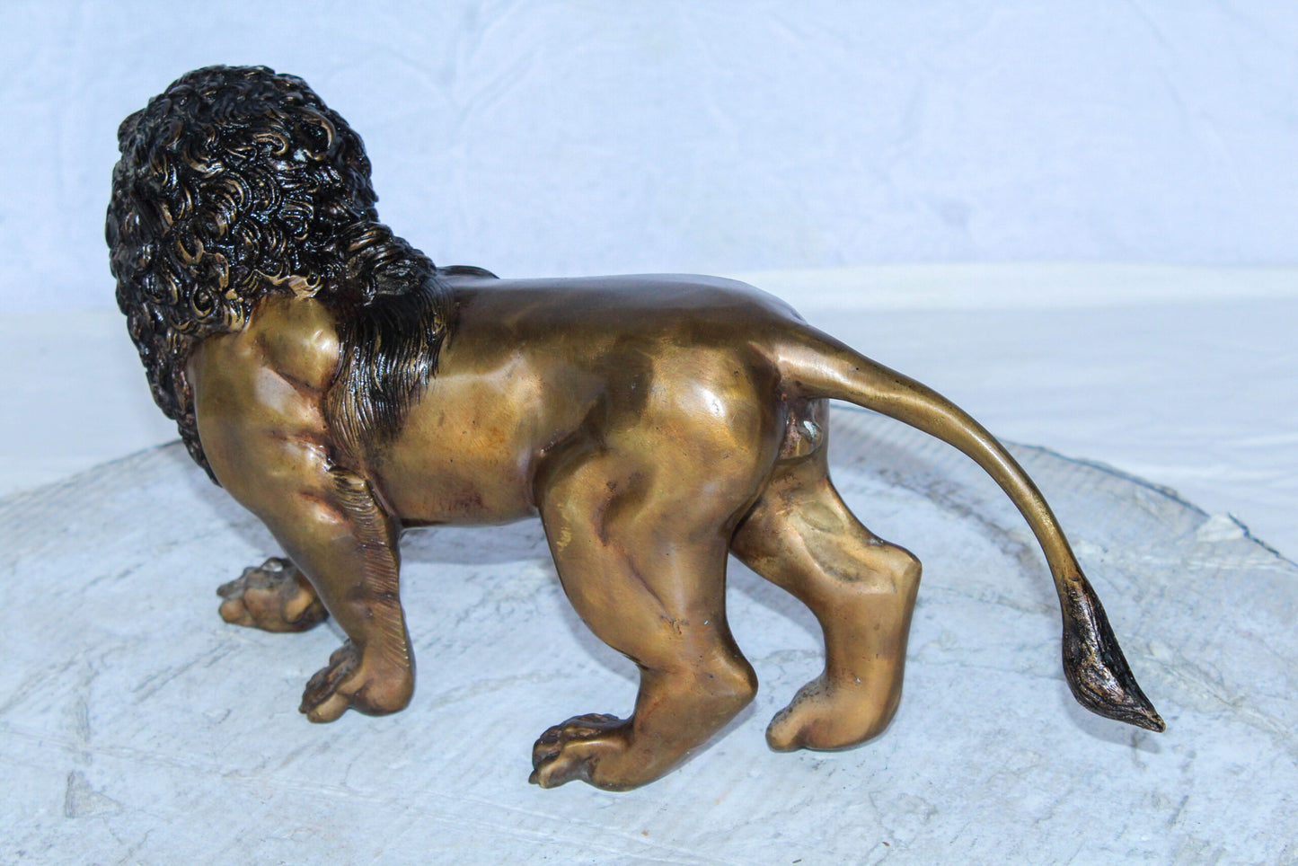 Small Bronze Lion Sculpture Walking Pose Animal Art 15" x 5" x 8"H