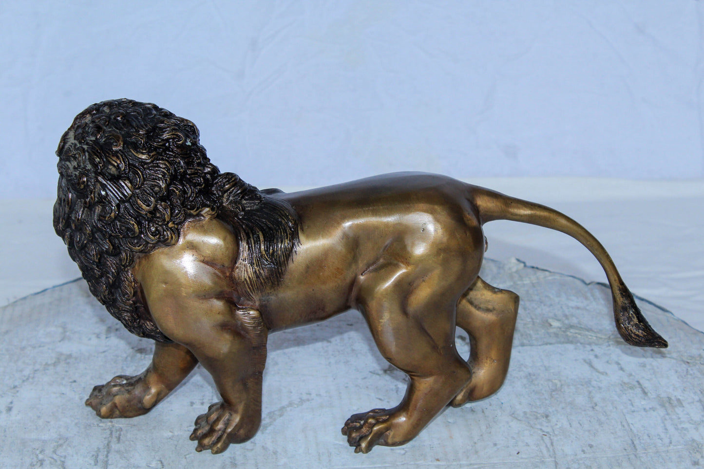 Small Bronze Lion Sculpture Walking Pose Animal Art 15" x 5" x 8"H