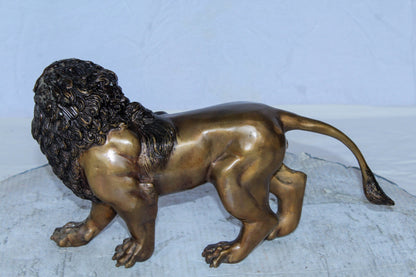 Small Bronze Lion Sculpture Walking Pose Animal Art 15" x 5" x 8"H