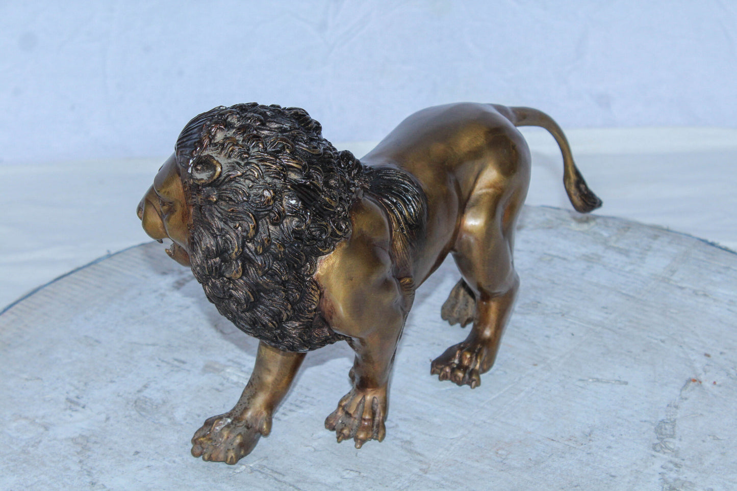 Small Bronze Lion Sculpture Walking Pose Animal Art 15" x 5" x 8"H