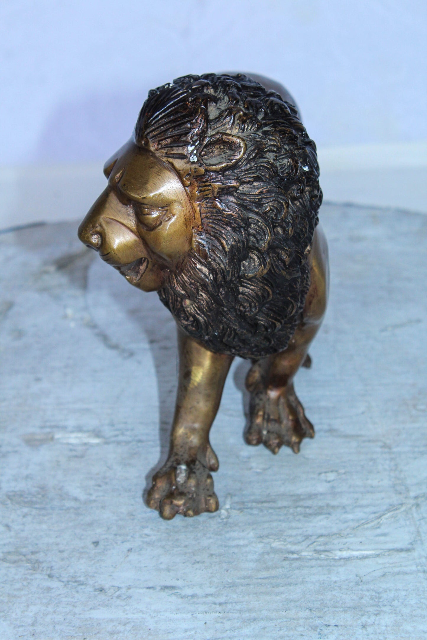 Small Bronze Lion Sculpture Walking Pose Animal Art 15" x 5" x 8"H