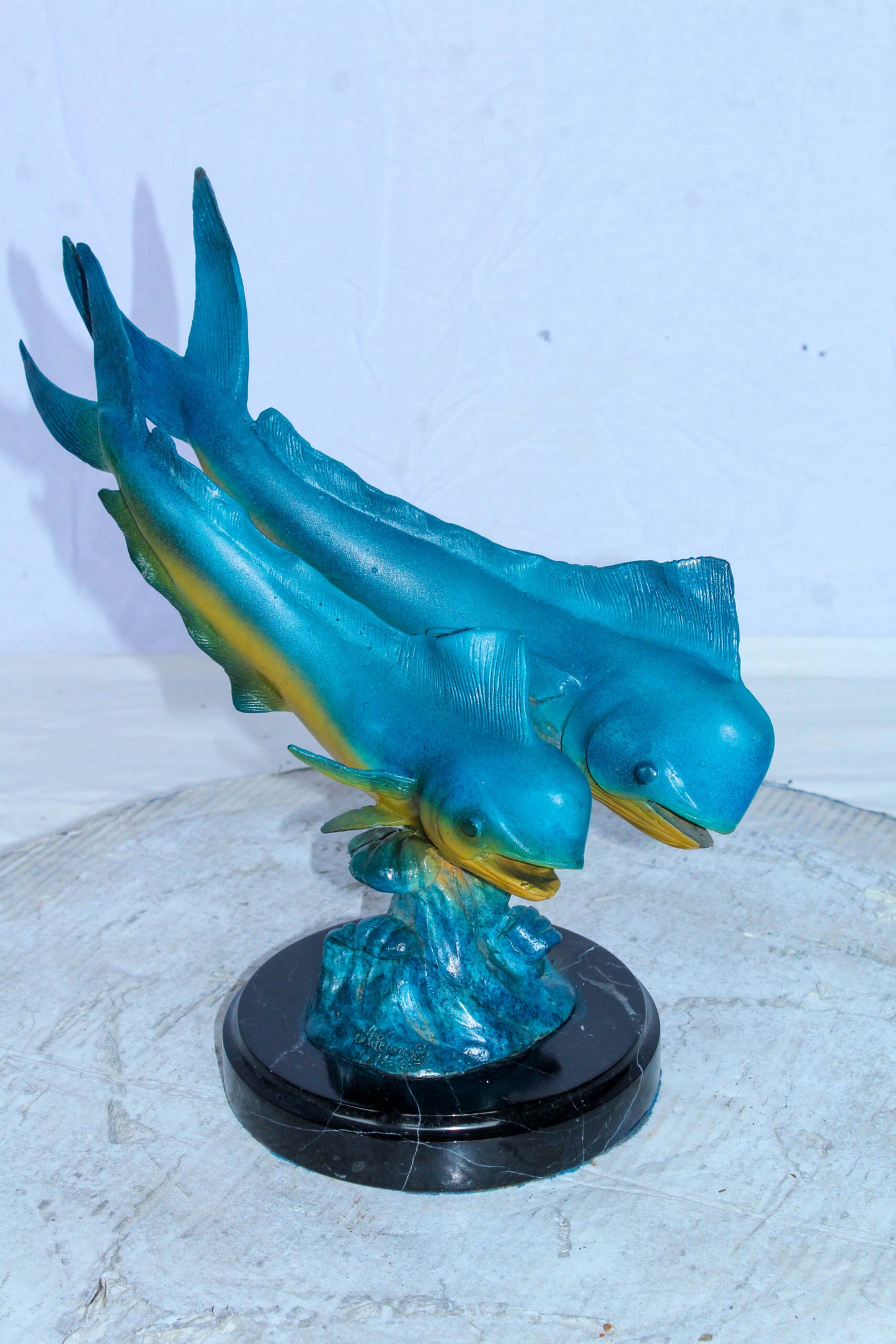 Bronze Mahi Mahi Dolphin Fish Bronze Statue on Marble Base 15" x 7" x 13"H