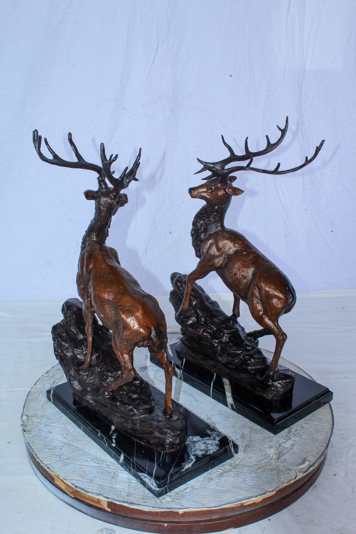 Bronze Pair of Deer Statues on Marble Base Lost Wax Method 15" x 10" x 21"H
