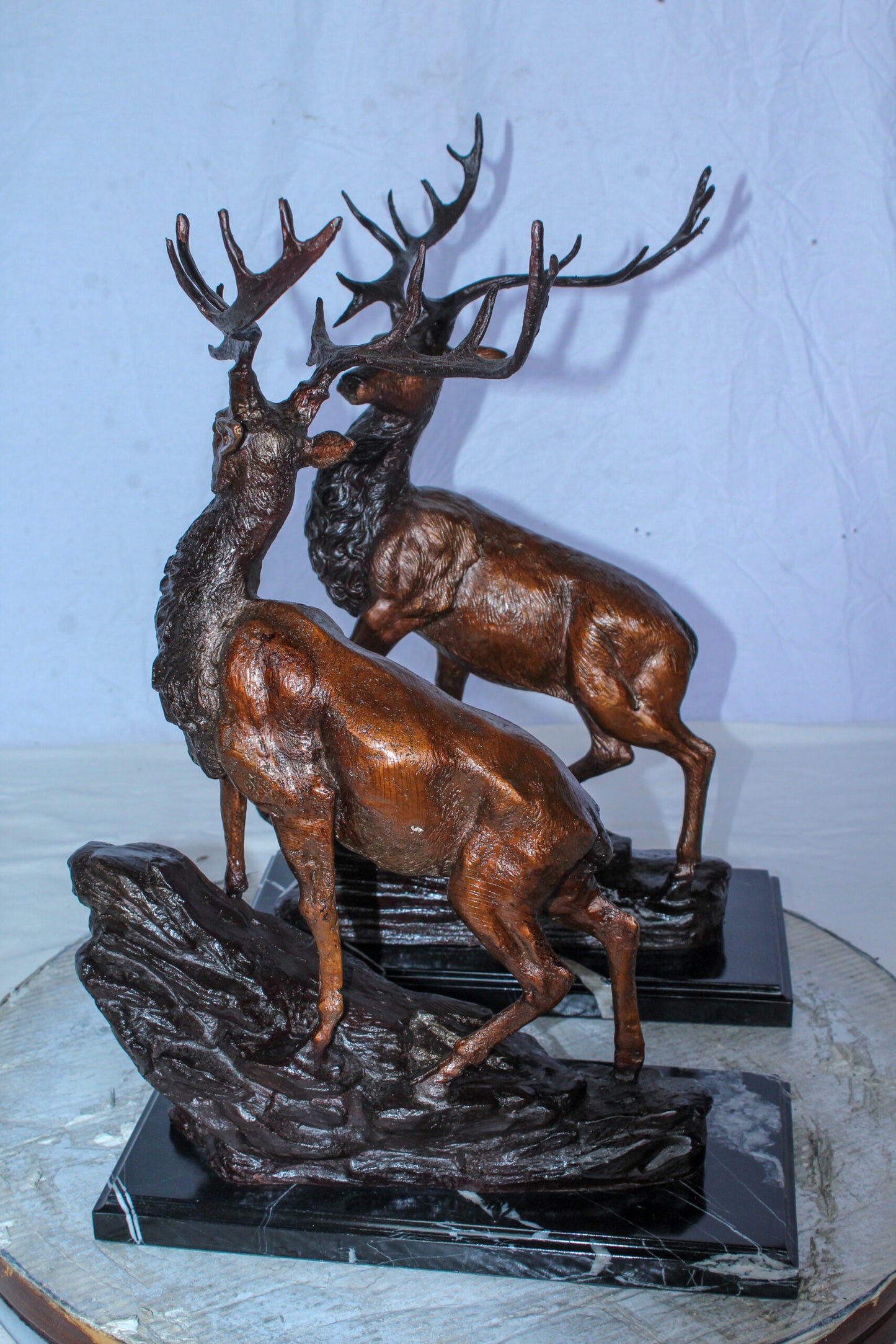 Bronze Pair of Deer Statues on Marble Base Lost Wax Method 15" x 10" x 21"H