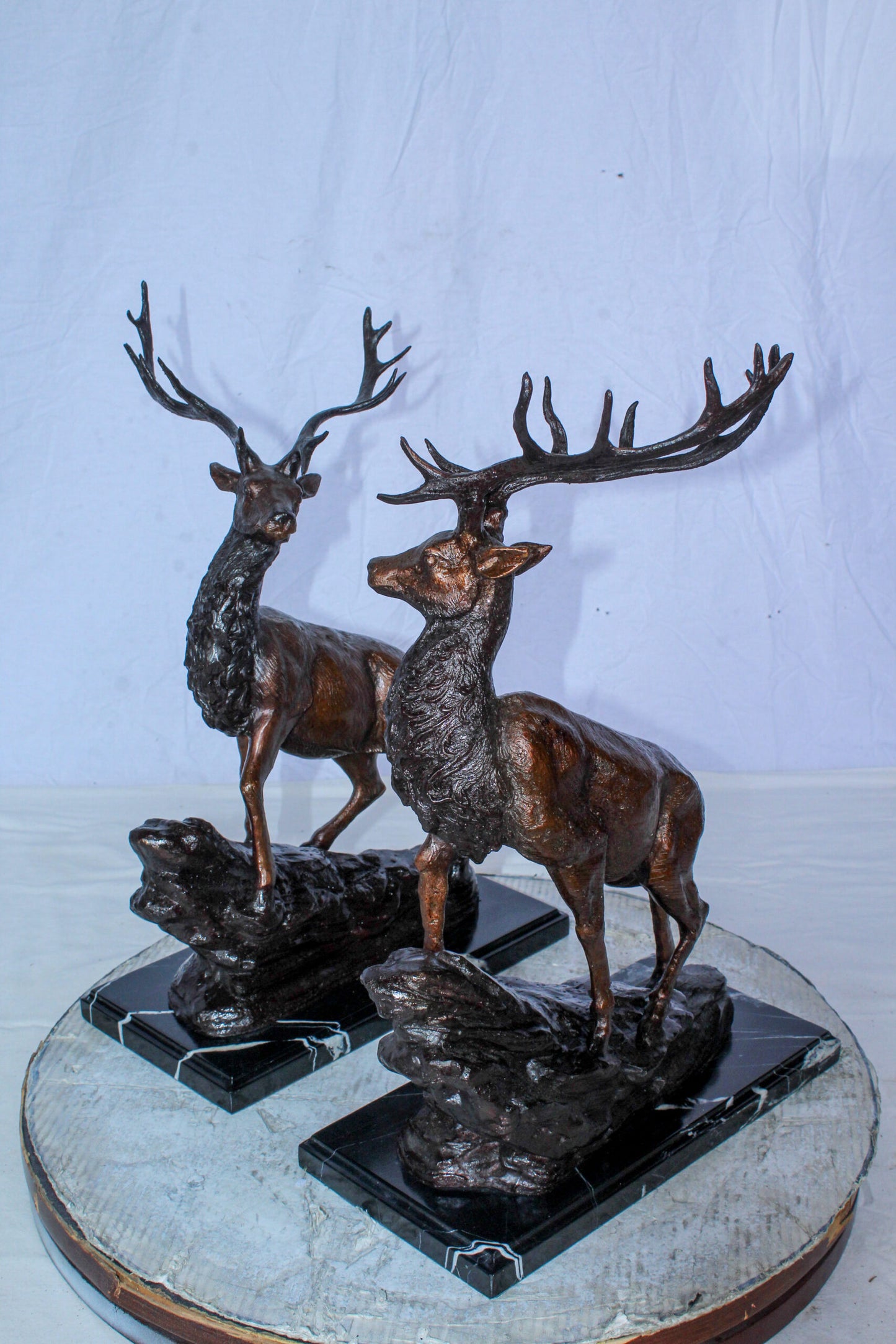 Bronze Pair of Deer Statues on Marble Base Lost Wax Method 15" x 10" x 21"H